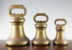 Three William IV Avoir bell weights, 56lb, 28lb and 14lb, each numbered 580 and marked West Sussex