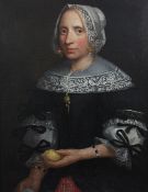 18th century Flemish Schooloil on canvas,Portrait of a lady wearing a lace collar and holding a