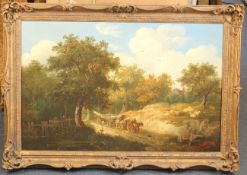 English School (19thC)oil on wooden panel,Timber cart on a lane,19 x 29in.
