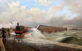 English Schooloil on canvas,Locomotive leaving Admiralty Pier, Dover,24 x 36in., unframed
