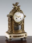 An early 20th century French ormolu and alabaster mantel clock, with floral swag painted dial,