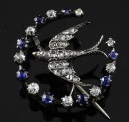 A late Victorian gold and silver, sapphire, rose and old cut diamond set swallow and crescent
