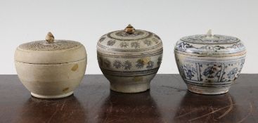 Three Thai Sawankhalok stoneware boxes and covers, 14th / 15th century, the first with underglaze