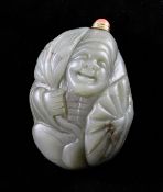 A Chinese green jade snuff bottle, 19th / 20th century, carved as a jolly immortal holding a leaf