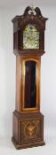 An Edwardian inlaid mahogany eight day chiming longcase clock, the 12 inch arched brass dial with