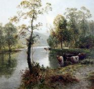 Ernest Walbourn (1872-1927)oil on canvas board,River landscape with cattle watering,signed,24 x