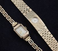 A lady`s 9ct gold Bueche Girod manual wind wrist watch, on textured 9ct gold integral bracelet,