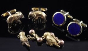 Three pairs of 9ct gold cufflinks, comprising lapis lazuli disc, bird and elephant cufflinks with