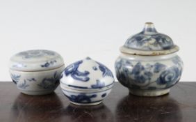 Three Chinese Ming blue and white circular boxes and covers, 15th / 16th century, the first painted
