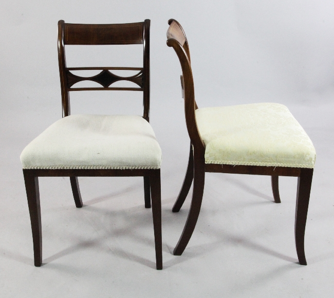 A set of six early 19th century Danish boxwood line inlaid mahogany dining chairs, with curved