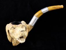 A late 19th / early 20th century carved meerschaum pipe, modelled as a dog`s head facing to the