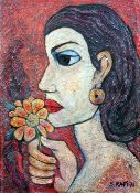 Samir Rafi (Egyptian, 1926-2004)oil on board,Woman smelling a flower,signed and dated `76,27.5 x