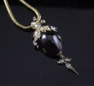 A Victorian gold, rose cut diamond and pear shaped cabochon almandine garnet set drop pendant, with
