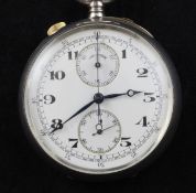 An early 20th century Swiss 935 standard silver keyless lever split seconds chronograph pocket