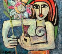 Samir Rafi (Egyptian, 1926-2004)oil on board,Woman holding flowers,signed and dated `76,19.75 x 23.