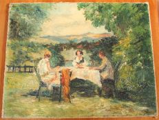 Adolf Arnhormoil on canvas,Figures dining in a garden,signed and dated 1925,17.5 x 21.5in.,
