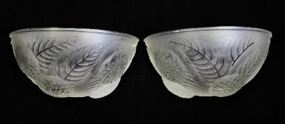 A pair of Rene Lalique Dahlias pattern applique demi-coupe (wall lights), in frosted glass with