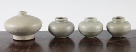 Four Chinese Longquan celadon jarlets, Song dynasty, the largest incised with lotus leaf band to