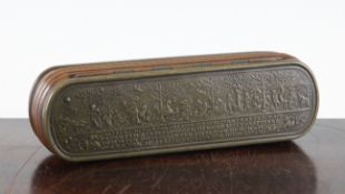 An 18th century Dutch copper and brass tobacco box, embossed with various biblical scenes and dated