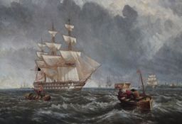 19th century English Schooloil on canvas,Warships and the Hulk at anchor off the coast,30ins x