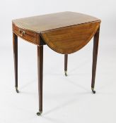 A George III mahogany and satinwood cross banded oval drop leaf pembroke table, with single end