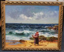 Alexander Young (1865-1923)oil on canvas,Fisherwoman on the shore,signed and dated 1902,16 x 20in.