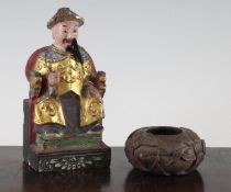 A Chinese bamboo brushwasher and a polychrome wood seated figure of an emperor, 19th century, the