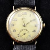 A gentleman`s early 1930`s 14ct gold Omega manual wind wrist watch, with Arabic dial and subsidiary