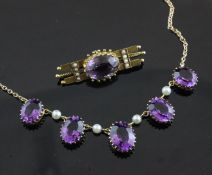 An Edwardian 9ct gold amethyst and pearl necklace, together with a similar bar brooch.