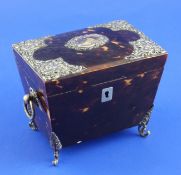 A late Victorian silver mounted blonde tortoiseshell tea caddy, of sarcophagus form, with ring