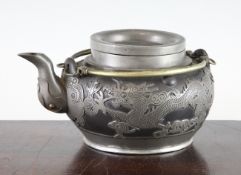 A Chinese pewter mounted Yixing pottery teapot, late 19th century, of compressed globular form, the