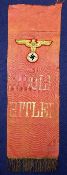 A German Third Reich silk banner, marked Adolf Hitler and stitched with an eagle swastika badge,