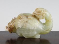 A Chinese pale green bowenite mythical beast vessel, in Song dynasty style, modelled as a duck with