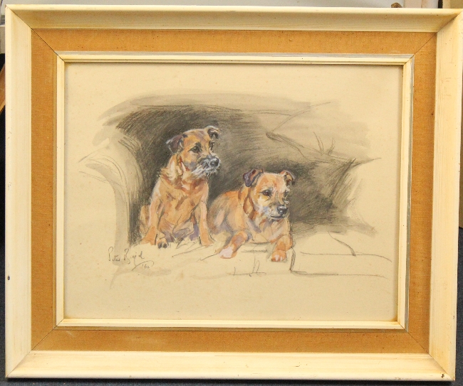 Peter Biegel (1913-1988)watercolour and pastel,Two seated terriers,signed and dated `62,13.5 x 17.
