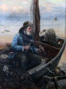 Davidson Knowles (1878-1909)oil on canvas,Fishermen repairing a ketch,signed,13.5 x 10.5in.