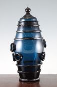 A German green glass humpen and cover, 19th century, the barrel shaped body with ribbed bands and