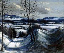 George Bissell (1896-1973)oil on board,`Snow, Ashmansworth, Hants`,signed, Exhibited Royal Academy