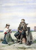 Guerrino Guardabassi (1841-)watercolour,Girl and grandfather in a landscape,signed and inscribed