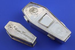 An early 19th century close plated novelty snuff box, modelled as a coffin, 4in. and a similar