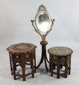 A late 19th / early 20th century Anglo Indian ivory inlaid mirror and stand, with oval bevelled