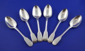 A set of six George IV silver fiddle and thread pattern dessert spoons, with engraved armorial,