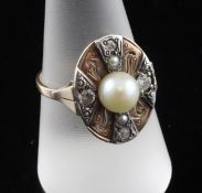 A 14ct gold, cultured pearl and diamond set oval ring, with segmented setting, size Q.