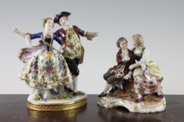 Two German porcelain groups, early 20th century, the first of a lady and gentleman in 18th century