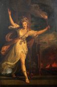 19th century Italian Schooloil on board,Woman holding a torch, Rome burning beyond,18 x 12in.