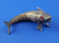 A 20th century Spanish silver articulated fish with hinged head and paste set eyes, maker`s mark,