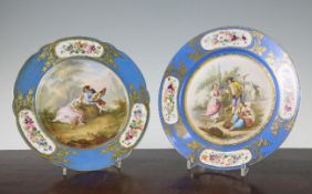 Two Sevres style plates, late 19th century, the first after Watteau, painted with a courting
