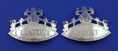 A pair of late 18th century Irish silver wine labels, ""Port"" & ""Claret"", of navette form, with