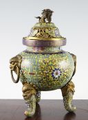A fine Chinese cloisonne enamel tripod censer and cover, by Lao Tian Li, c.1915, the globular body