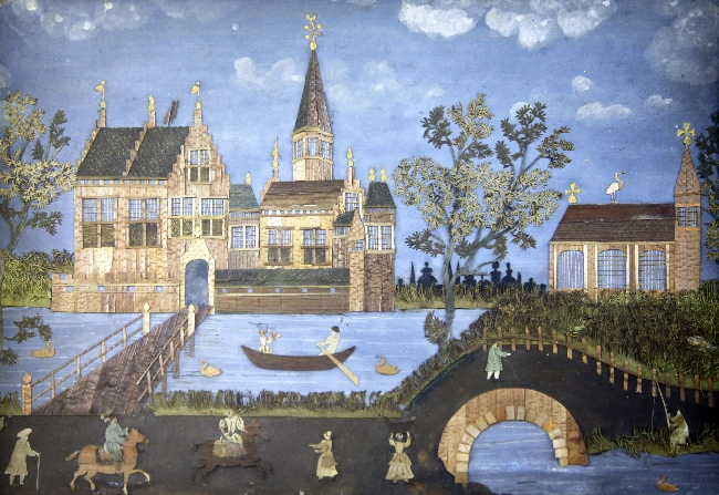 A pair of 18th century Dutch straw work pictures, each decorated with figures and buildings, framed