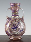 A Lobmeyr Persian-style enamelled clear glass vase, late 19th century, of flattened flask shape,